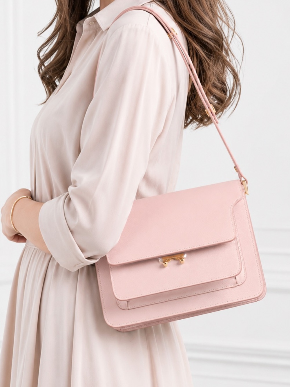 Marni Trunk Medium Shoulder Bag | Blush Pink Leather | Made in Italy